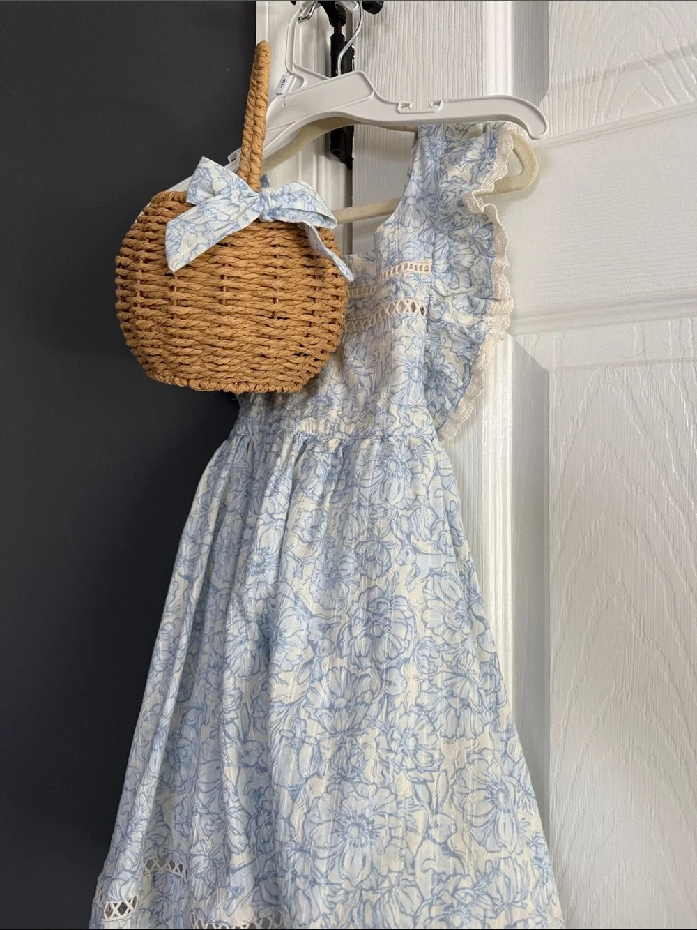 Girls Blue Floral Ruffle Dress with Lace Trim and Purse